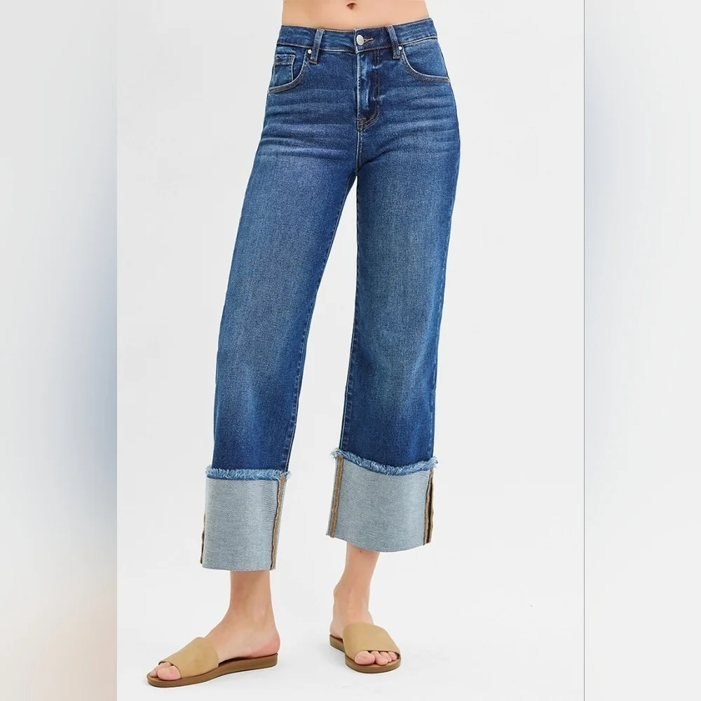 Risen Mid Rise Dark Wash Slim Wide Leg Wide Cuff Denim Jeans Stretch Various NEW - Picture 5 of 11